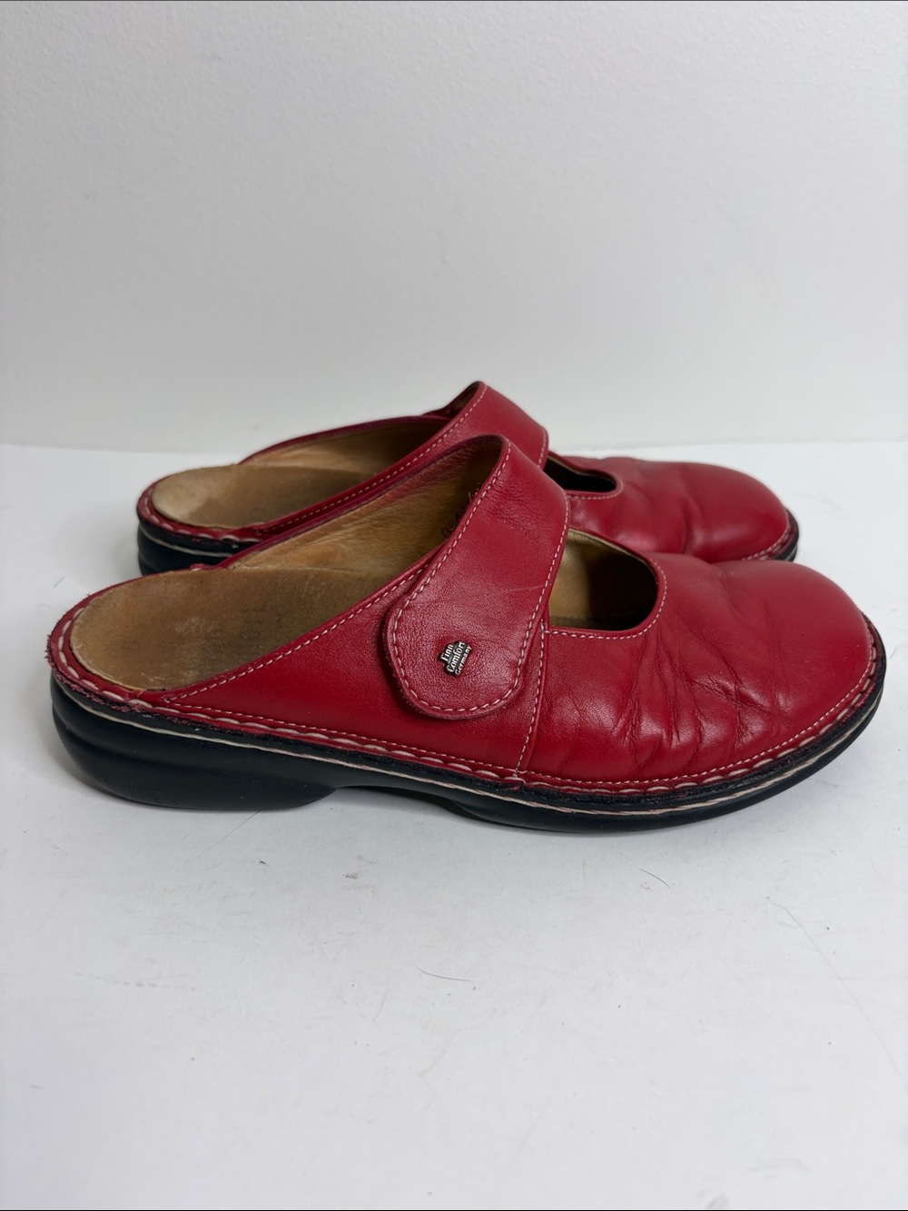 Finn Comfort Shoes Womens 38 Red Leather Mary Jane Slip On Mules Clogs Comfy